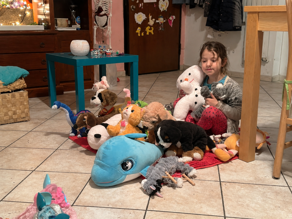 Bambina seduta a terra circondata dai suoi peluche