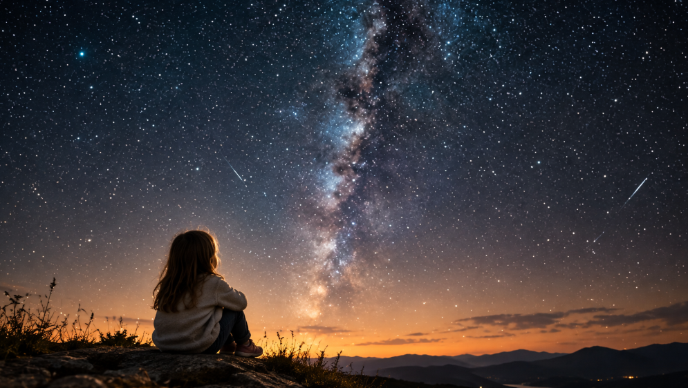 Bambina osserva la Via Lattea, immagine simbolica di sensibilità e connessione