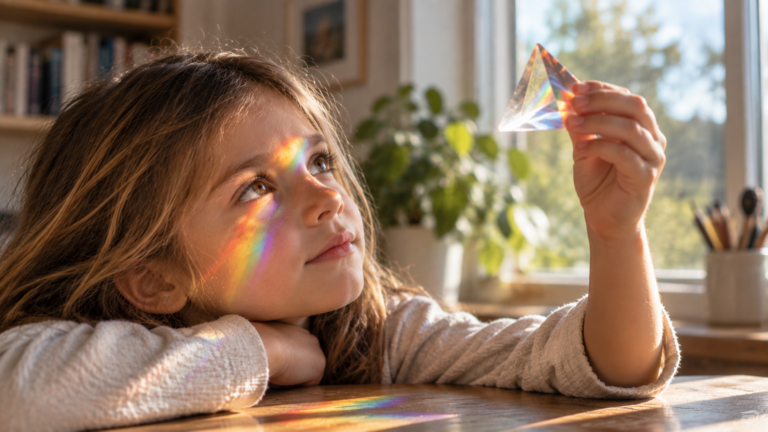 Bambina osserva la luce attraverso un prisma, simbolo di modi diversi di percepire la realtà